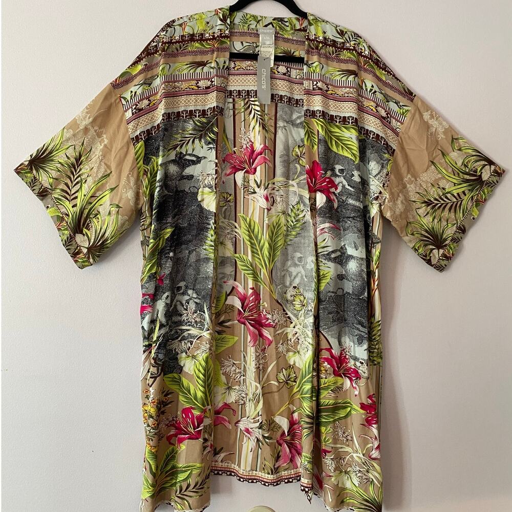 NWT Chico's Kimono Robe Ruana Tropical Vacation Resort Floral Monkey Large / XL